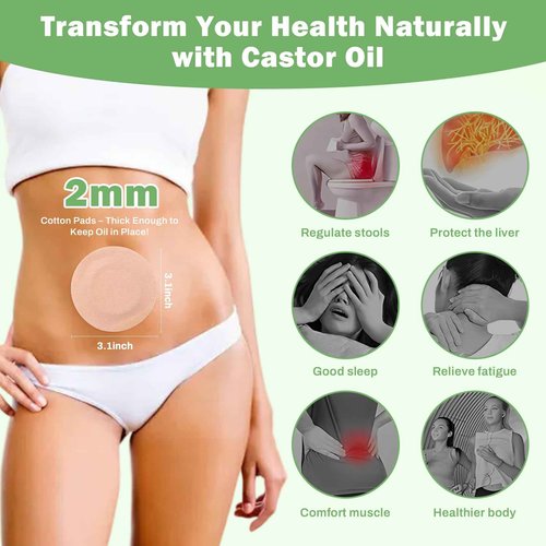 Castor Oil Belly Button Patch Set – 60pcs Castor Oil Patches in 3 Shapes with 4oz Organic Cold-Pressed Castor Oil Glass Bottle – Disposable, Leakproof, Skin-Friendly Castor Oil Pack Wrap