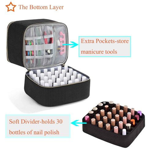 Corduroy Nail Polish Organizer and Nail Lamp Case, Nail Kit Organizer Holds 30 Bottles (15ml - 0.5 fl.oz) and a Nail Lamp, Nail Polish Carrying Case with Manicure Tools Storage Sections (Black)