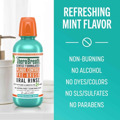 TheraBreath Plaque Control Pre-Brush Oral Rinse, Refreshing Mint Flavor, Antigingivitis and Antiplaque Rinse, Dentist Formulated, Alcohol Free, 16 Fl Oz