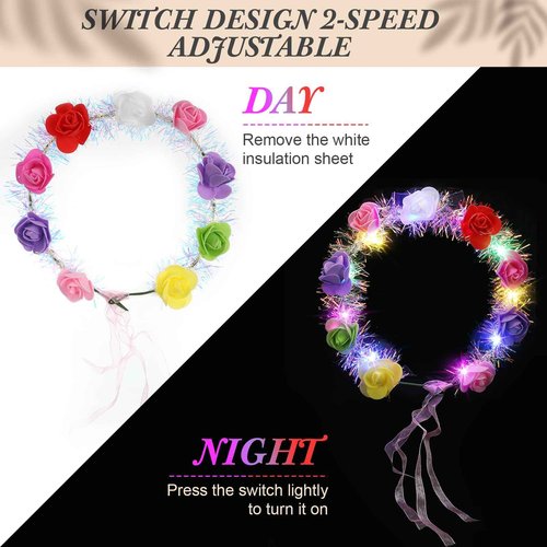 Syhood 40 Pcs LED Flower Headband, Light up Flower Crown Garland Headdress Floral Headpiece for Women Hair Accessories Bridal Shower Holiday Birthday Wedding Party(Rose Style)