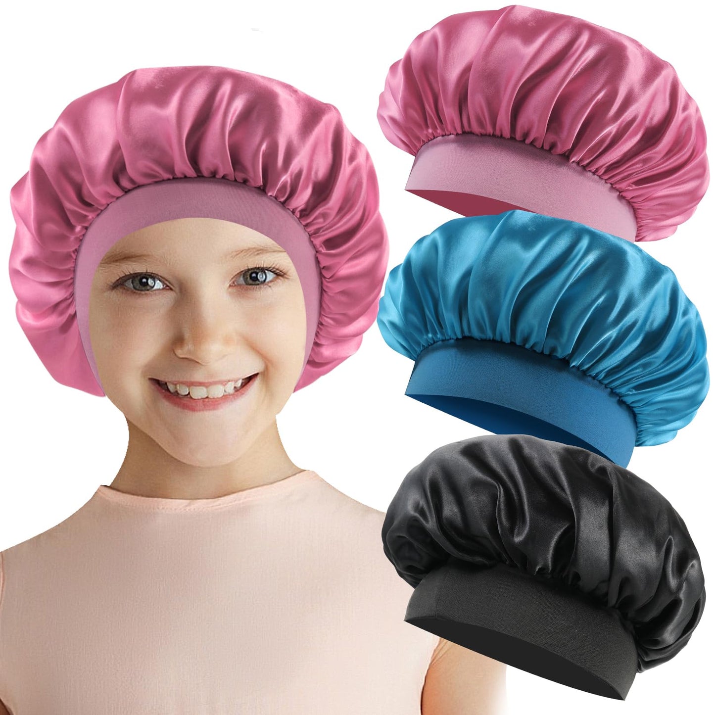 3 Pcs Bonnet for Kids, Silk Bonnet for Sleeping Kids, Baby Bonnets with Elastic Wide Band, Night Sleep Satin Caps for Toddler Child, Kids Bonnets for Girls (Black+Pink+Cyan)