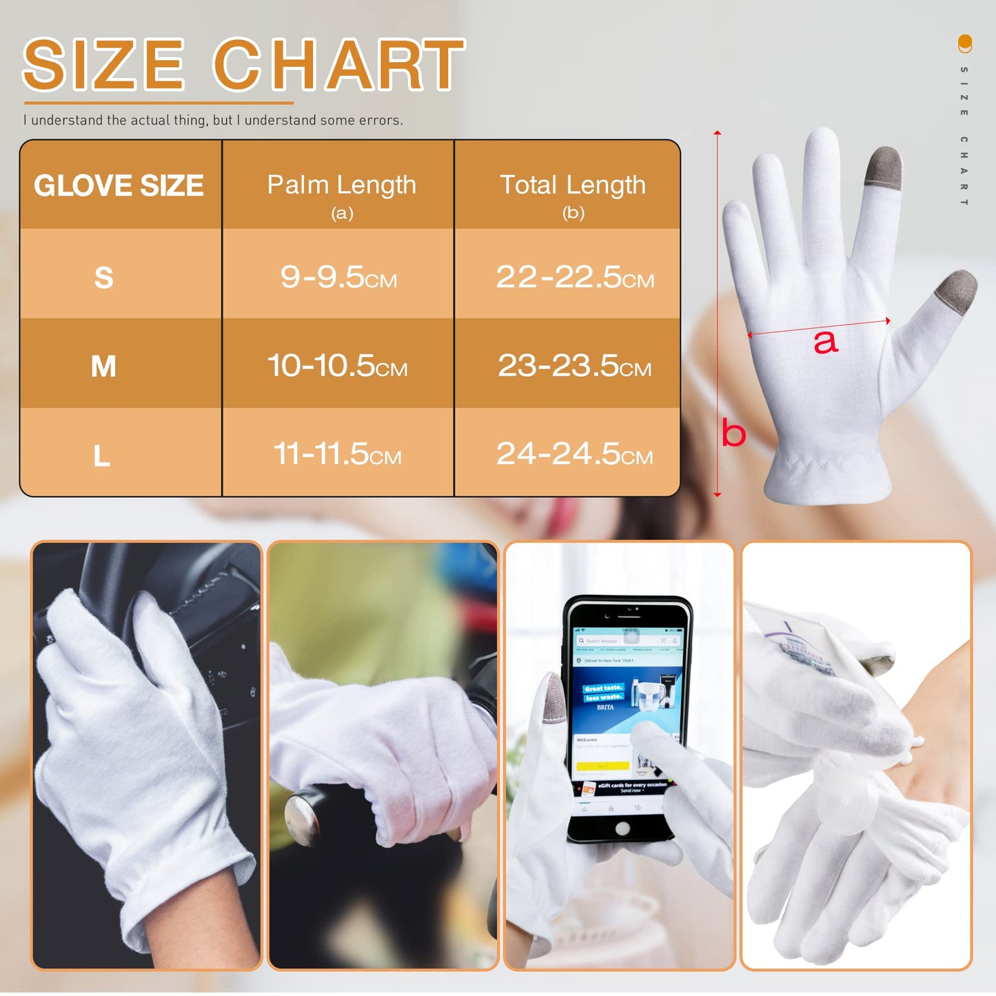 MNOPQ 100% Cotton Moisturizing Gloves 4 Pairs, Touch Screen White Cotton Gloves for Dry Hands, Eczema, Sleeping, Overnight, Lotion & Spa Treatment with Wristband and Washing Bag, Medium