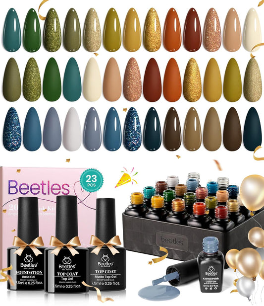 Beetles 23Pcs Gel Nail Polish Kit Green Blue Orange Fall Gel Nail Polish Set with Base Gel Top Coat Soak off UV DIY Home Manicure Kit Gifts for Women Girls