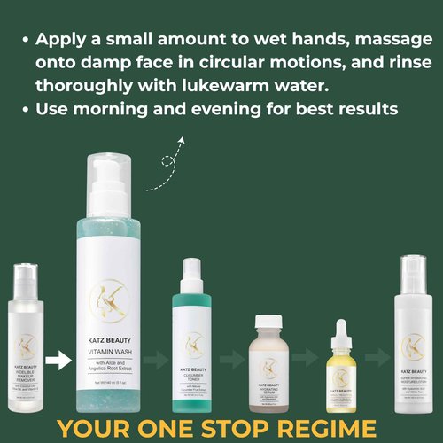 Katz Beauty Vitamin Wash, 5 fl oz - Gentle Face Cleanser with Aloe, Angelica Root & Vitamin E for Sensitive, Oily & Dry Skin, Travel-Size Hydrating Wash