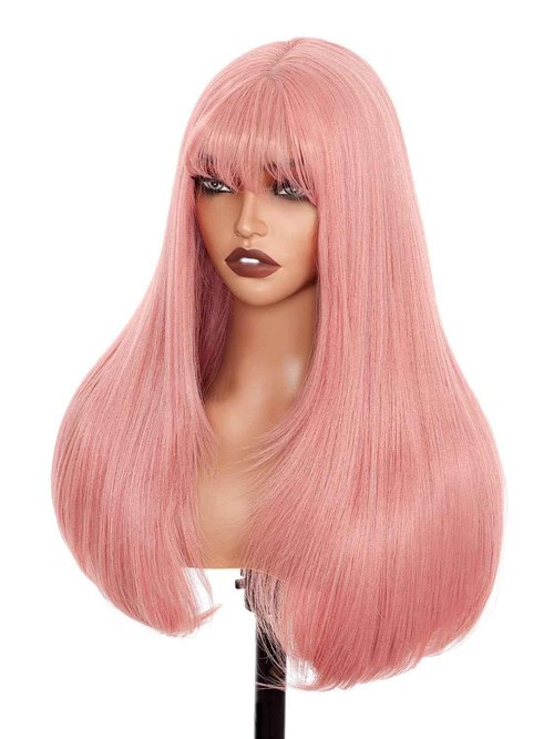 Pink Glueless Lace Front Wig For Women | 26 Inch Long Straight Layered Synthetic Wig With Curtain Bangs | Heat Resistant, Wear & Go, No Glue Needed | Cosplay & Daily Use
