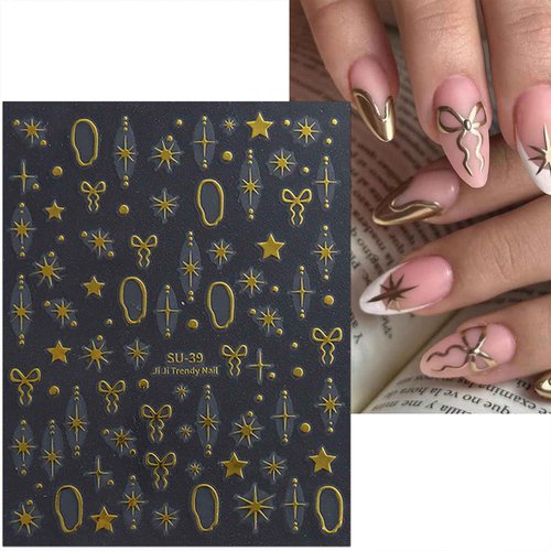 Star Bow Nail Stickers Decals Gold Silver Laser Purple Nail Art Decals Self-Adhesive Designs Nail Art Stickers for Women DIY Nails Decorations Star Nail Decals Accessories