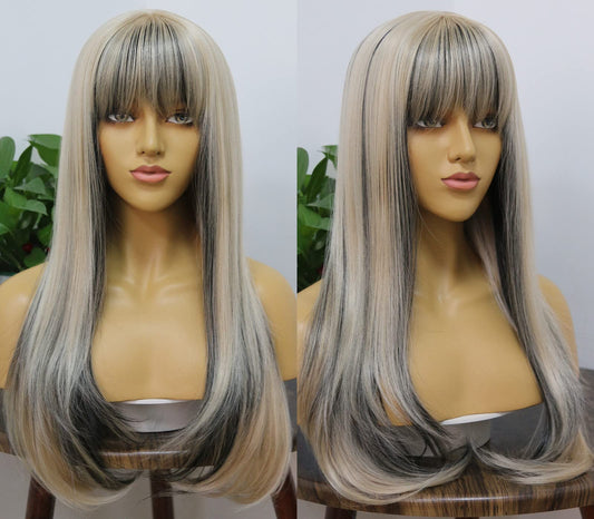 MSMYRNS 613 Blonde With Black Mixed Long Wavy Synthetic Wig Glueless Fringe Unit Heat Resistant Fiber None Lace Machine Made Scalp Top Wig For Women Daily Use Cosplay Party Costume Fashion Gifts