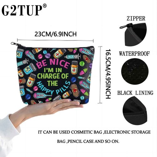G2TUP RX Pharmacy Technician Funny Makeup Bag I am in Charge of the Happy Pills Gift for Pharmacy Graduation (Be Nice I am New)