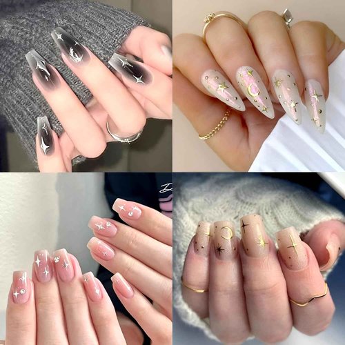 12 Sheets Star Nail Art Stickers Decals 3D Self-Adhesive Silver Gold Moon Nail Stickers Aurora Rose Gold Nail Decals Supplies for Nail Art Design Accessories for Women