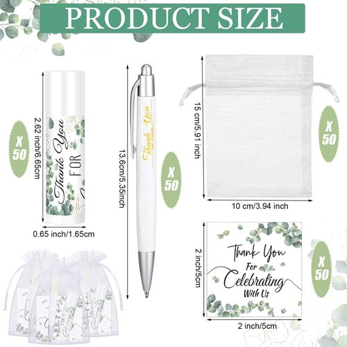 Heigble 50 Set Wedding Thank You Gifts, Thank You Lip Balm Bulk Retractable Ballpoint Pen Appreciation Card Organza Drawstring Gift Bag Bridal Shower Gift for Guest Wedding Party(Eucalyptus Leaf)