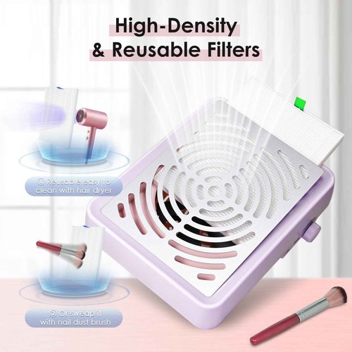 Nail Dust Collector with Lamp&50pcs Disposable Filter&Dusting Brush, Electric Nail Vacuum Cleaner Dust Fan Suction Machine for Manicure Acrylic Gel Nails Polishing, Low Noise, Salon Home (Purple)