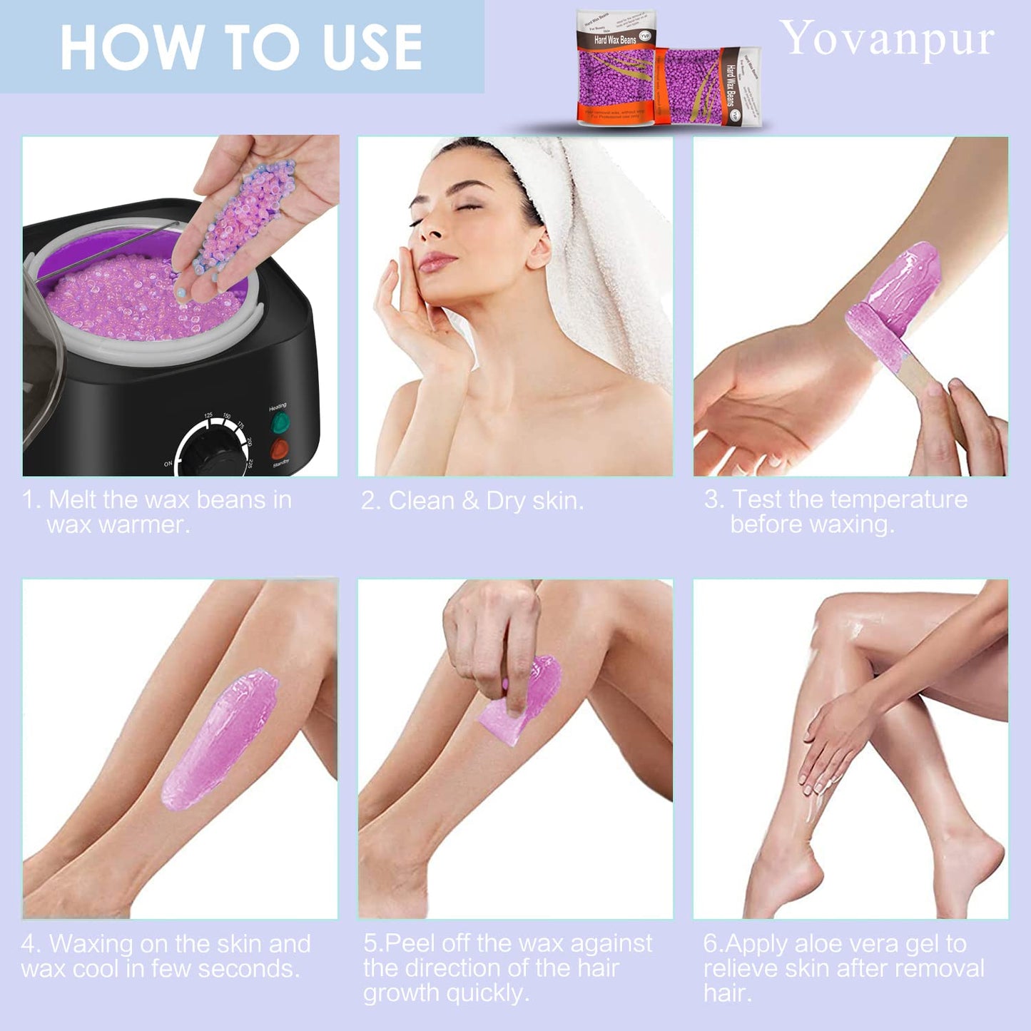 Yovanpur Hard Wax Beads for Hair Removal, Waxing Beans for Sensitive Skin (Violet), 10.5 Ounce/bag with 10pcs Wax Sticks