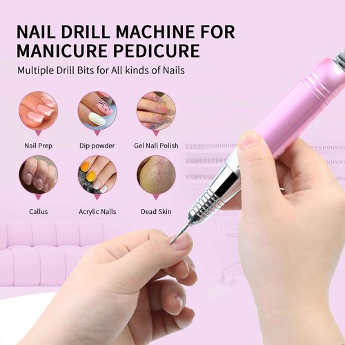 Professional Electric Nail Drill File: YZZSEVEN Rhinestone Portable Cordless 35000 RPM, Rechargeable Nail File for Acrylic Nails Gel Polishing Removing, File Nail Kit for Manicure Salon Home(Pink)