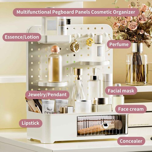 Weidace Makeup Organizer for Vanity, Aesthetic Cosmetic Storage Rack with Drawer and Pegboard Hooks, Adjustable Shelves Skincare Organizer for Bathroom Countertop, Cream White