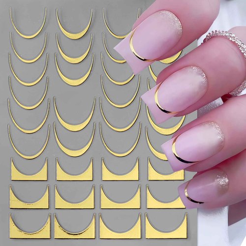 8 Sheets French Stripe Line Nail Stickers 3D Self-Adhesive Metal Strip French Nail Decals Gold Silver Geometric Waved Nails Design French Line Nail Supplies for Women DIY Nail Decoration Kits