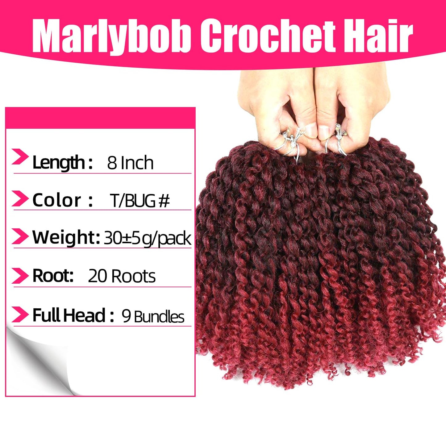 8 Inch Short Passion Twist Hair Marlybob Crochet Hair 9 Small Bundles Kinky Curly Crochet Hair Short Crochet Braids Jerry Curly Kinky Twist Crochet Braiding Hair (9Bundles8Inch, 1B/Burgundy)