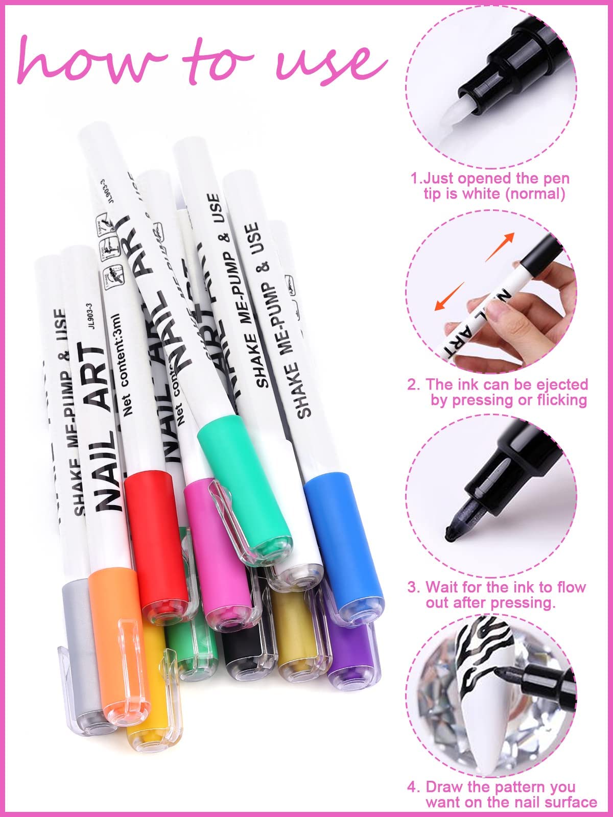 12 Color 3D Nail Art Pens Set, Kalolary Nail Polish Pens Nail Point Graffiti Dotting Pen Drawing Painting Liner Brush for DIY Nail Art Beauty Adorn Manicure Tools(A)