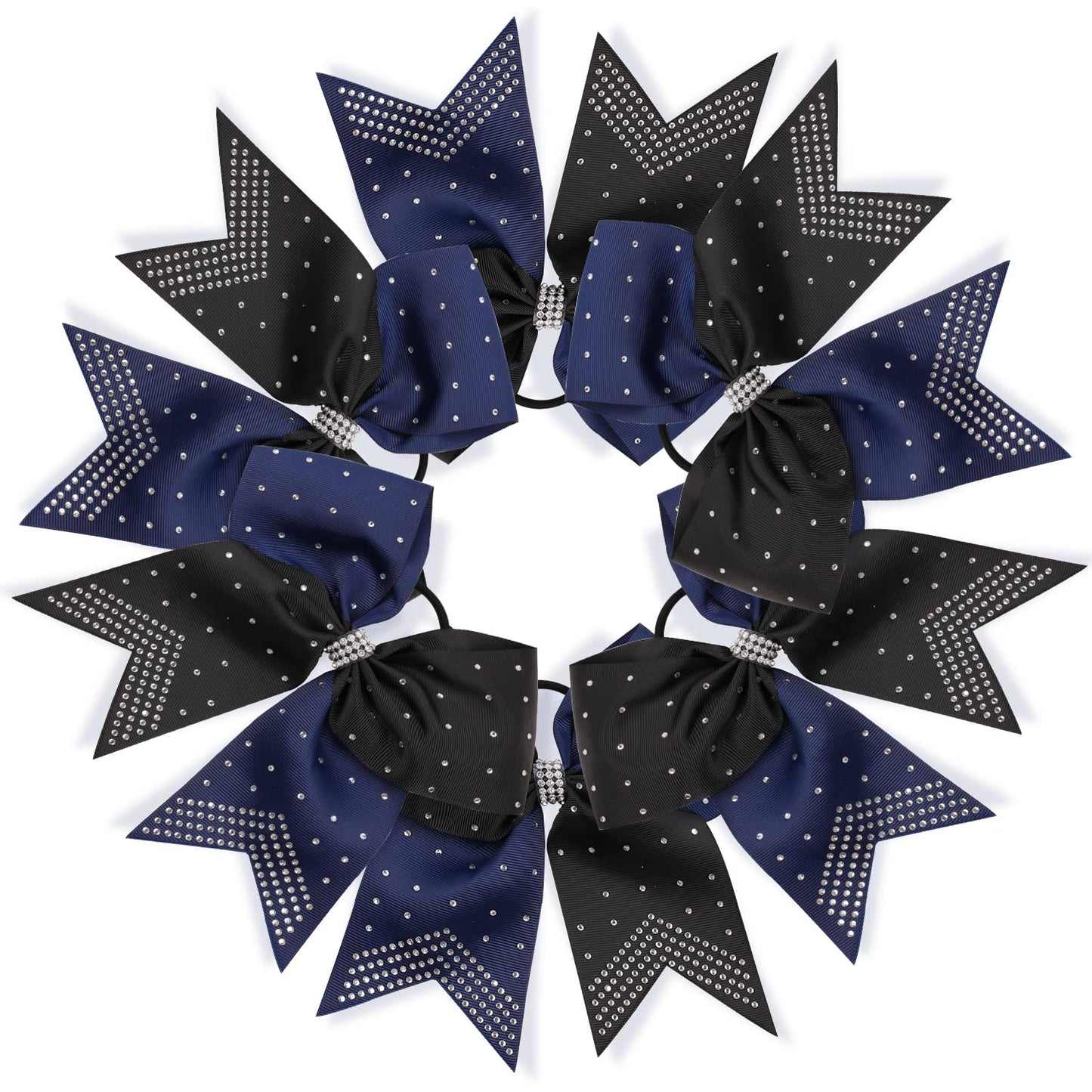 6PCS 8" Large Cheer Hair Bows Ponytail Holder, Rhinestones Cheerleader Bows with Elastic Band Hair Tie Handmade for Cheerleading Teen Girls College Sports (Black/Navy)