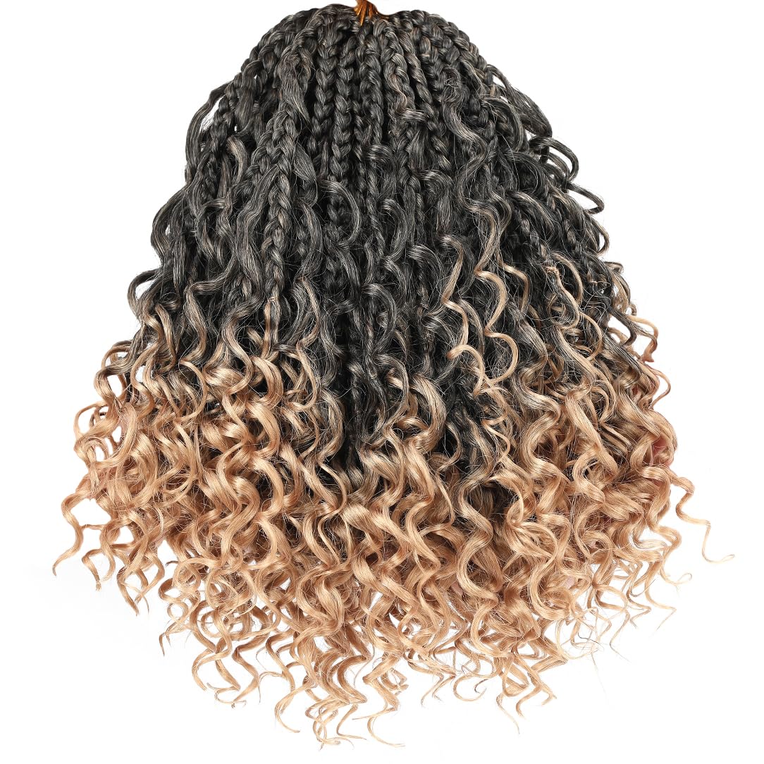 Beverlee 10 Inch 8 Packs Boho Box Braids Goddess Box Braids Crochet Hair Bohemian Hippie Braids Braiding Hair Box Braids with Curly Ends Messy Pre-looped Synthetic Crochet Hair for Black Women T27#