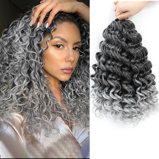 Ocean Wave Crochet Hair 12 Inch 8 packs Deep Wave Crochet Hair Synthetic Curly Crochet Braiding Hair for Black Women (12 Inch, 8 packs, T/Grey)