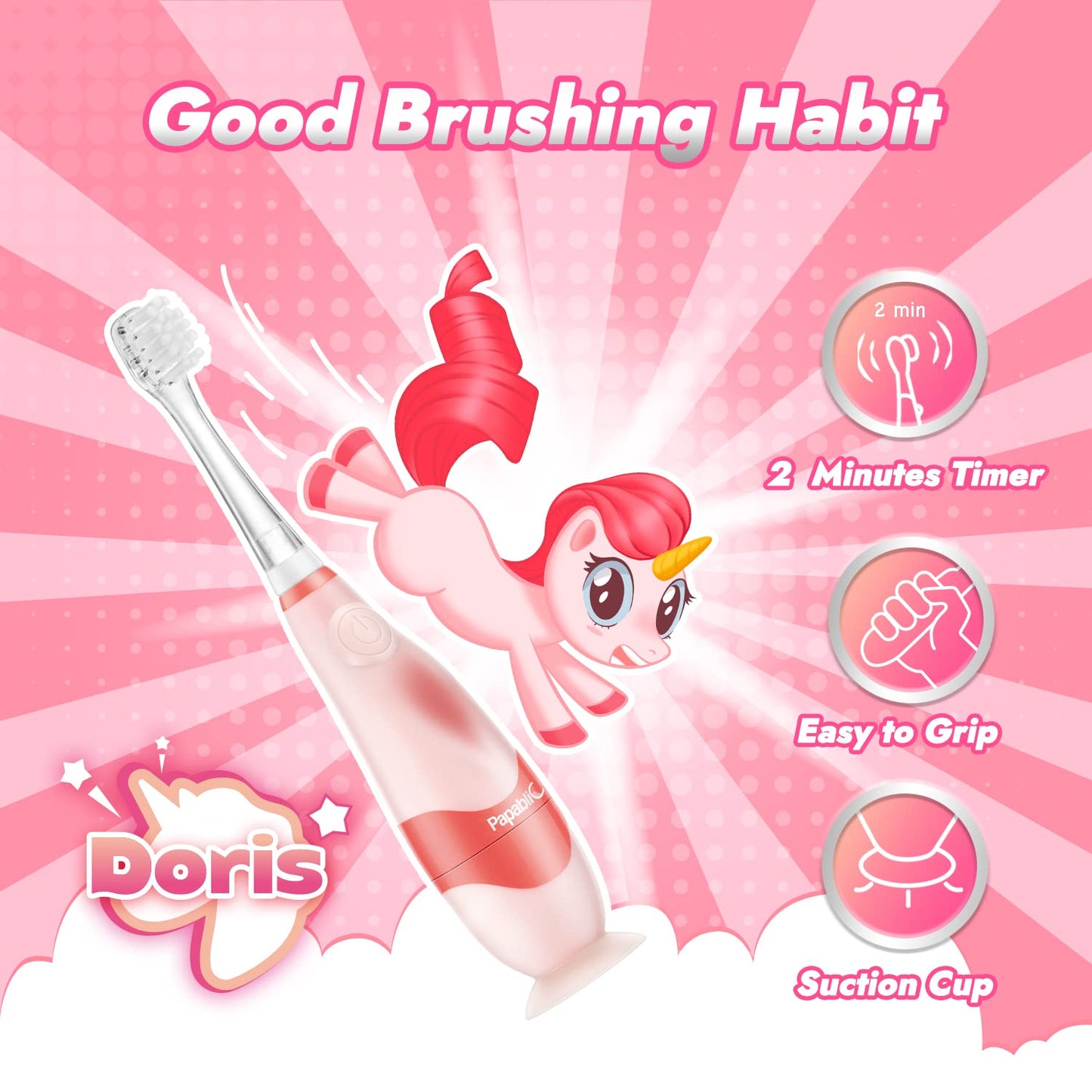 Papablic Toddler Sonic Electric Toothbrush for Ages 1-3 Years, Baby Electric Toothbrush with Cute Unicorn Cover and Smart LED Timer, 4 Brush Heads (Doris)