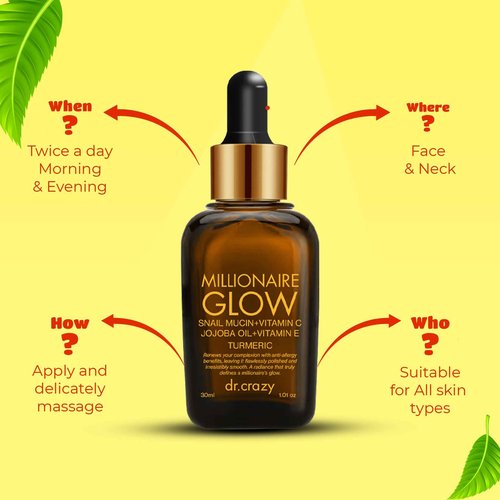Dr. Crazy Millionaire Glow Vitamin C Serum for Face - Hydrating Glow Up Serum With Turmeric, Niacinamide, Hyaluronic Acid, Snail Mucin & Vitamin E - Fades Dark Spots & Evens Skin Tone – 30ml
