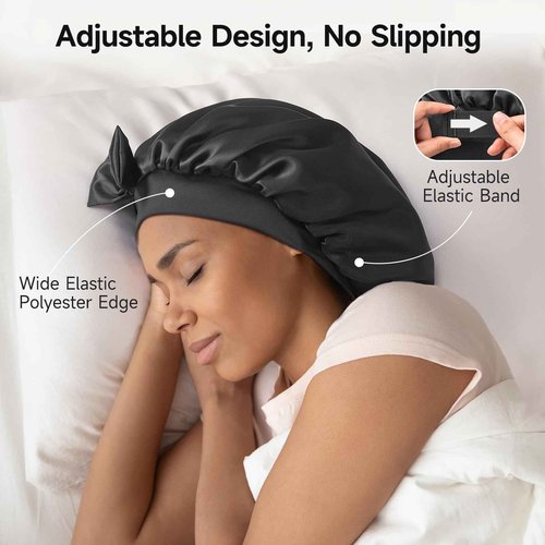 Umisleep Double-Sided 100% 22 Momme Mulberry Silk Bonnet for Sleeping Women, Large Silk Hair Wrap for Long Curly Hair, Non-Slip Sleep Cap with Adjustable Band, Ebony