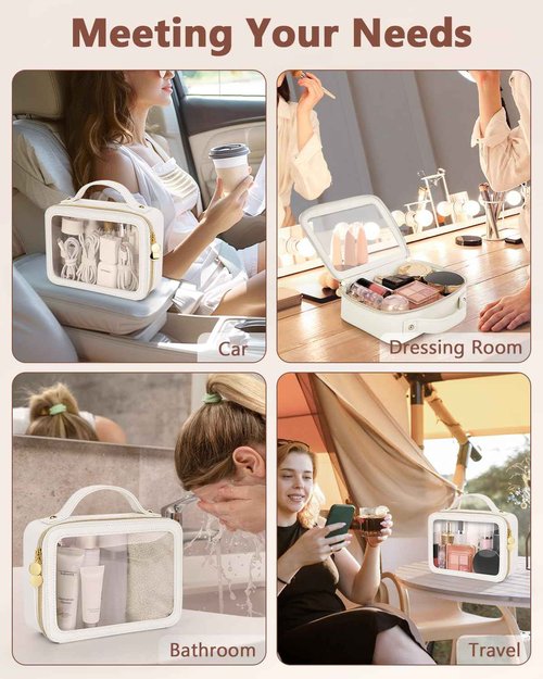 Soimeat Clear Makeup Bag, Portable Travel Cosmetic Bags, Multipurpose Leather Toiletry Bag with Zipper, Waterproof Transparent Cosmetic Organizer for Women, Medium, Beige