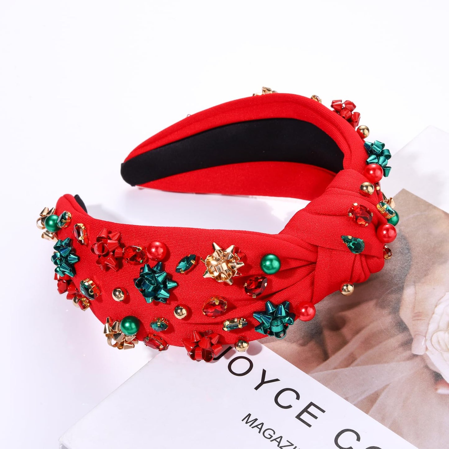 NVENF Christmas Headband for Women Jeweled Xmas Plaid Headband Embellished Crystal Pearl Knotted Headbands Wide Top Knot Holiday Headband Christmas Hair Accessories Holiday Outfits Gifts (Xmas Bow 1)