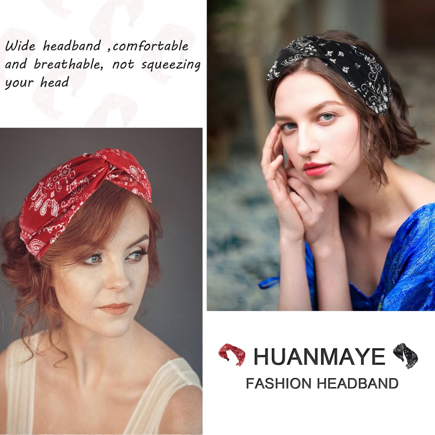 HUANMAYE 6Pcs Wide Headbands for Women Elastic Fabric Hair Bands Fashion No Slip Cashew Design Hair Hoops Knotted Hair Accessories for Girls (FCashew)