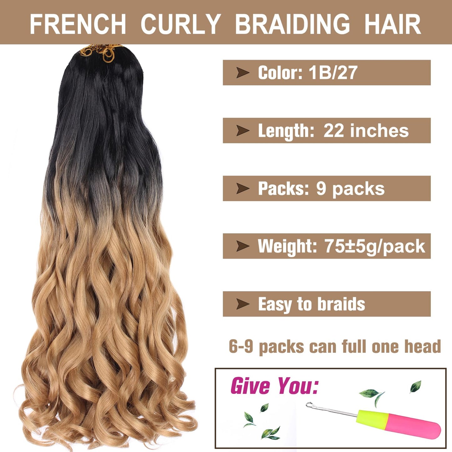 COOKOO 9 Packs Ombre Blonde French Curly Braiding Hair 22 Inch Loose Wavy Spanish Curly Braids Hair with Curly Ends Bouncy Braids Hair 75g/Pack French Curls Braids Synthetic Hair Extensions 1B/27#