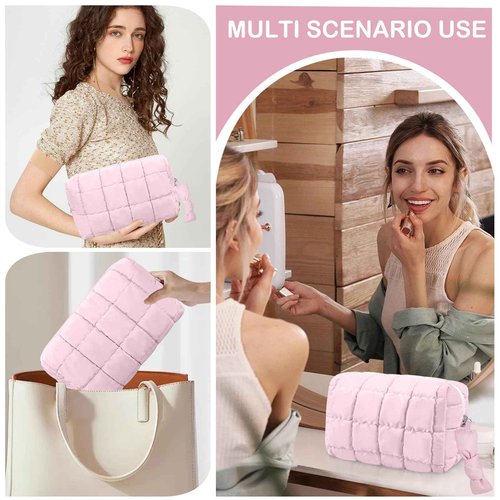 Gosect Puffy Quilted Makeup Bag, Cute Checkered Cosmetic Bags with Divider, Waterproof Travel Toiletry Bag, Make up Pouch for Women & Girls Travel Essentials (Bow, Pink, Medium)