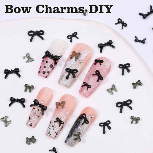 1 Box Black Mini Bow Nail Charms,3D Resin Bows Charms Cute Flat Back Nail Bow Tiny Bowknot with Pickup Tools for Women Nail Decoration Crafts DIY