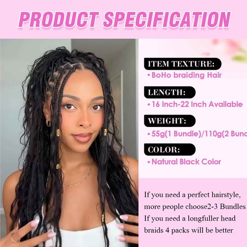 Human Braiding Hair for Boho Braids 16 Inch 110g 2 Bundles/Pack Deep Wave 12A Curly Brazilian Virgin Hair Extensions No Weft Knotless Bulk 1B Black