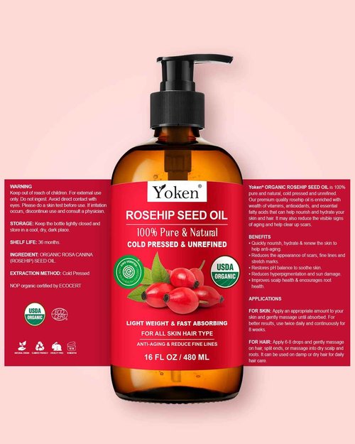 Yoken Organic Rosehip Seed Oil, USDA 100% Pure Rosehip Oils for Face, Hair & Body, Large Glass Bottle 16 fl oz Cold Pressed Rose Hip Oil for Skin Care, Moisturizing, Massage, Gua Sha & DIY Blends