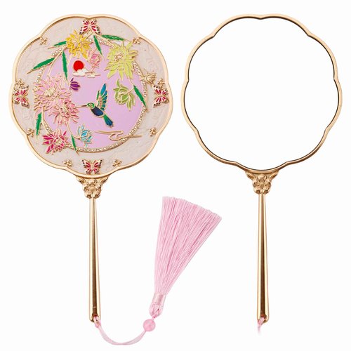 Dsgvw Hand Mirror, Handheld Mirror with Hummingbird Embossed Patterns, Elegant Metal Hand Craft Makeup Mirror, Beautiful Gift Value, Compact and Portable (Hummingbird Gold)