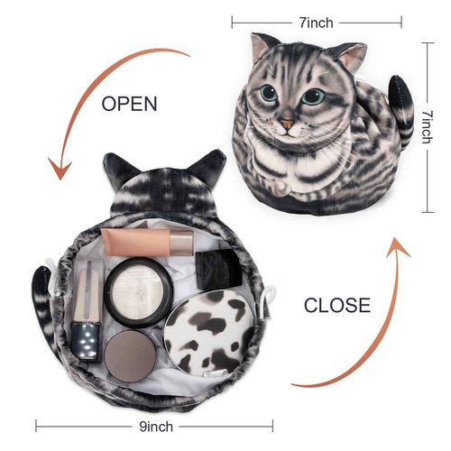 GKIOYRO Drawstring Makeup Bag, Cute Cat Travel Makeup Bag Gifts for Women, Large Cosmetic Bag for Women, Travel Toiletry Bag (Gray Cat)