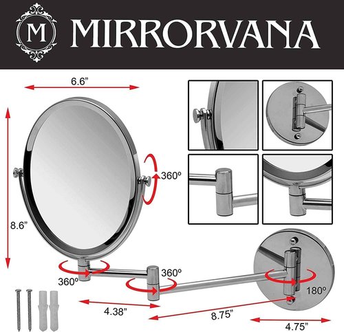 Wall Mounted Bathroom Makeup & Shaving Mirror, Double Sided 5X & 1X Magnification, 13-Inch Extension Swivel Arm, Oval 6.6" x 8.6" Glass Area, Chrome