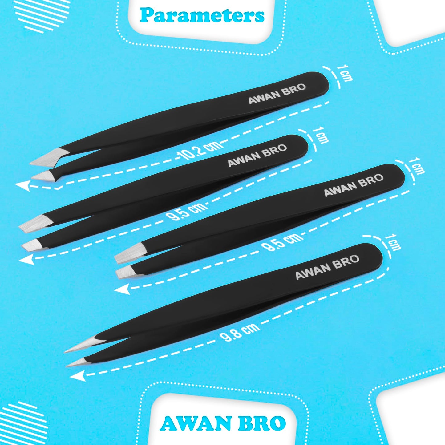 AWAN BRO Professional Stainless Steel Eyebrow Tweezers 4 Pieces With Case, Softly Closure High Precision Strong Grip Eyebrows Facial Hair Ingrown High Grade Tweezers For Women (Black Matt 4pack)