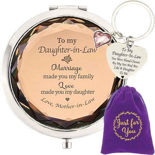 MALLAbyLAMMA to My Daughter-in-Law Gifts: Compact Mirror Engraved, Keychain, Sentimental Gift for Birthday, Christmas, Mother's Day