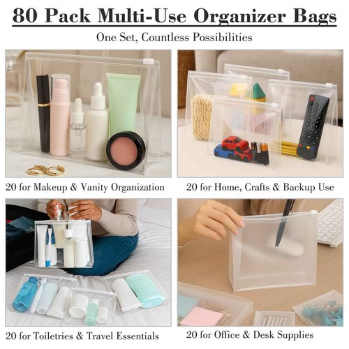 Circloophs Mini Clear Makeup Bag, 80 Pack Small Cosmetic Bags with Zipper TSA Approved Travel Bags Bulk for Toiletries Plastic EVA Water-resistant Reusable Pouches for Bathing Suit Bikini, Mixed Size