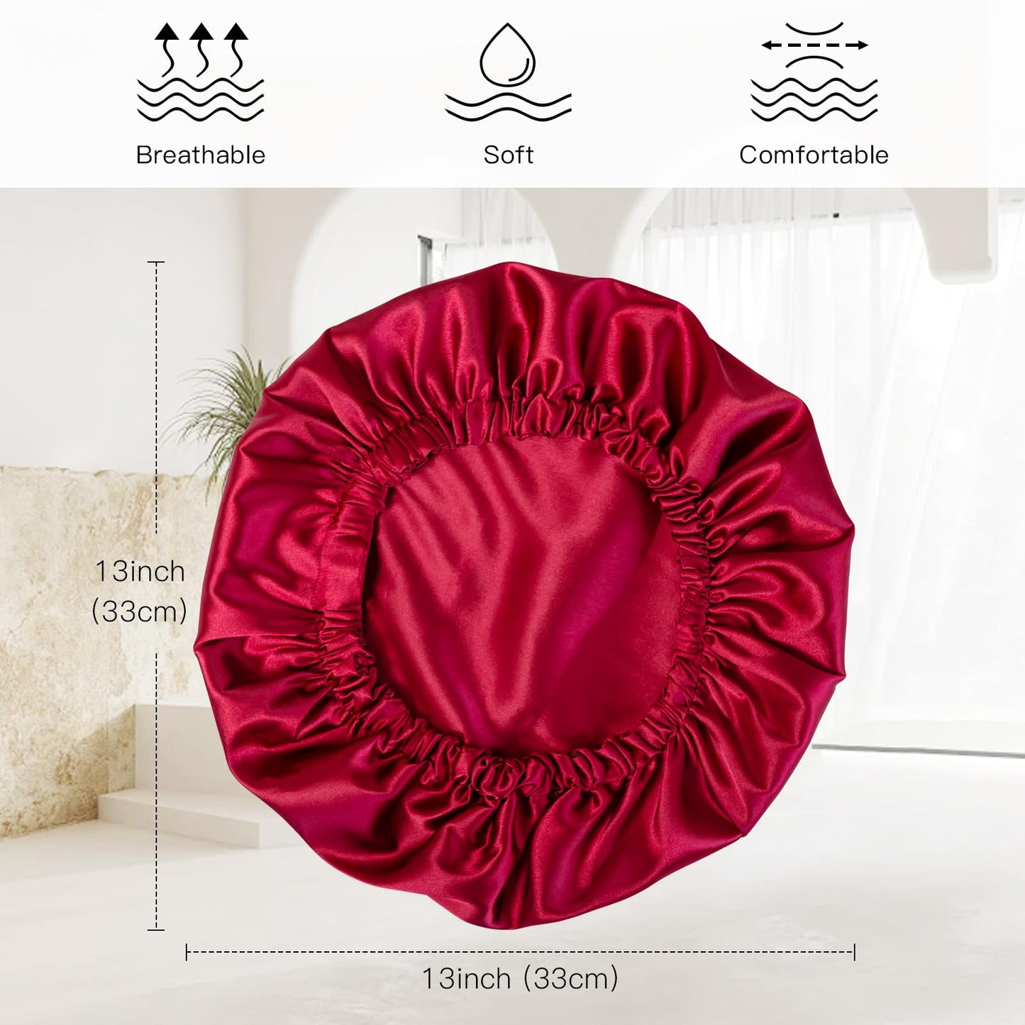 generic Satin Silk Bonnet for Sleeping Adjustable Double Layer Satin Sleep Cap for Women Girls Natural Curly Straight Long Hair, Red