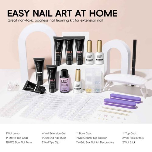 PEACECOLOR 24Pcs Poly Nail Gel Kit with U V light 6 Colors Clear Pink Nude Poly Nail Extension Gel with Glossy/Matte Top Coat Nail Rhinestones Starter Kit DIY Home Gifts for Women