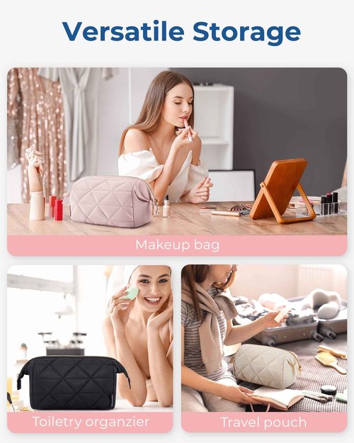 BAGSMART Makeup Bag Travel Makeup Bag, Cute Puffy Make Up Bag, Wide-open Cosmetic Bags for Women, Small Makeup Pouch for Travel Essentials Toiletries Accessories (Black)