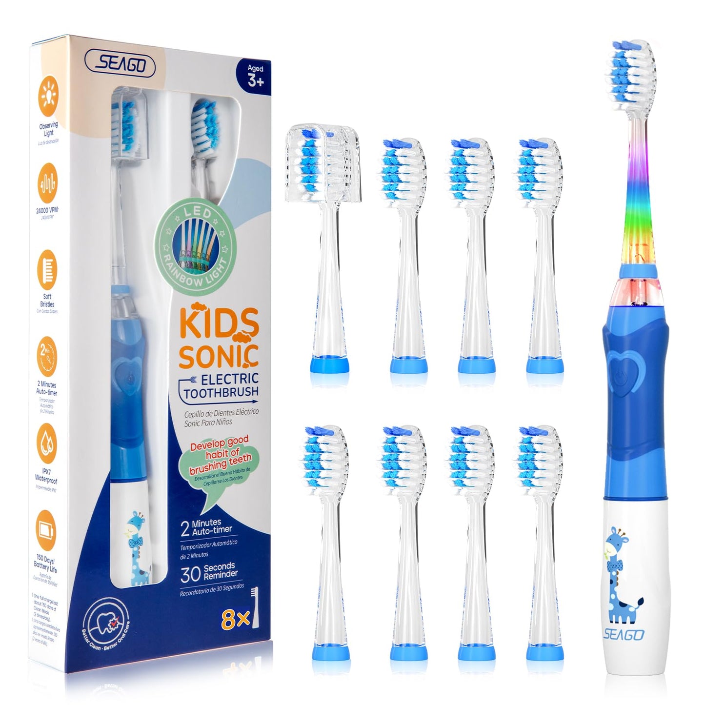 SEAGO Kids Electric Toothbrush with 2 Mins Brushing Timer and 8 Replacement Bursh Heads,Rainbow LED Light Make Brushing Fun, Blue Color Boys Battery Powerd Toothbrush for 4-12 Years Old