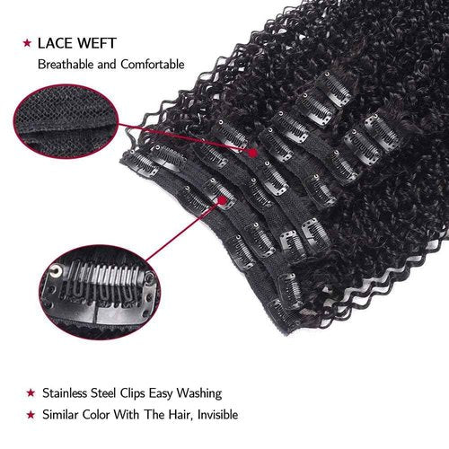 14 Inch Kinky Curly Clip ins Human Hair 110g 8pcs 20 Clips 3C 4A Curly Clip In Hair Extensions Real Human Hair Brazilian Virgin Hair Full Head for Women Natural Black