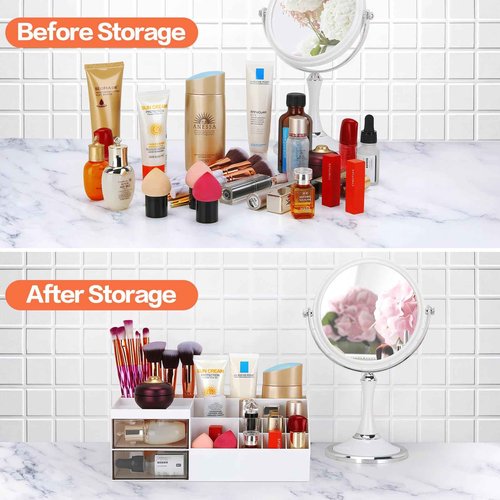 LETURE Desk Organizer, Cosmetic Makeup Vanity Organizer Box, Bathroom Counter Makeup Storage for Eyeshadows, Skin Care, Concealers, Powders, Nail Polish (White)