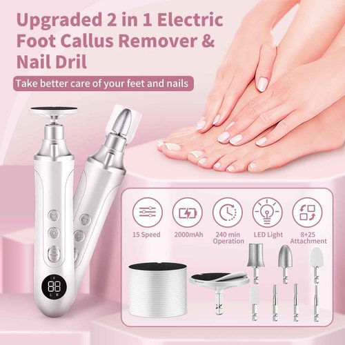Electric Foot Callus Remover, 2 in 1 Rechargeable Foot File & Nail Drill, 15 Adjustable Speed Manicure Pedicure Kit Foot Scrubber with 25 Pcs Sandpaper Discs Pedicure Tool for Dead Skin (White+Pouch)