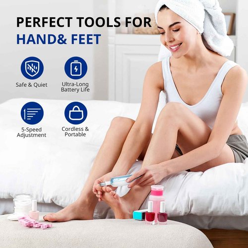 AIRSEE Professional Manicure Pedicure Kit,Cordless 6 in 1 Electric Nail File for feet,5 Speed Rechargeable Pedicure Tools for Thick Nail Toenail Cuticle, Hand Feet Trimmer Buffer for Women Men,Blue