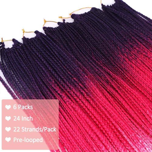 Box Braids Crochet Hair 24 Inch Pre Looped 3X Goddess 6 Packs Ombre Red Pink Box Braids Crochet Hair for Black Women Knotless Straight Braiding Hair Extensions(Purple/Red/Pink#)